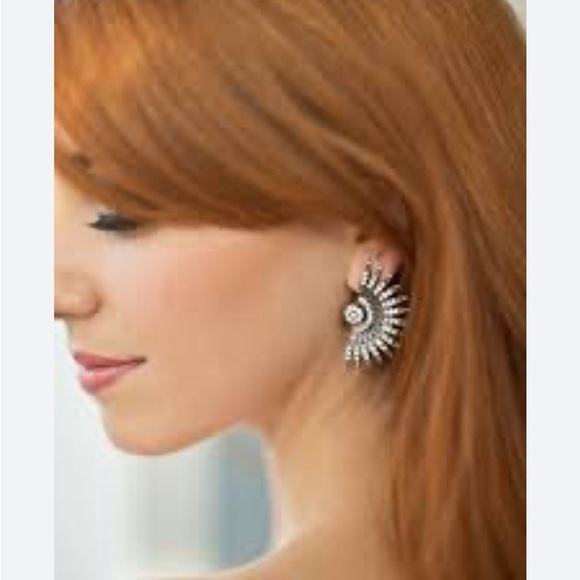 Silver Rhinestone Fan Designer Earrings - Picture 5 of 10